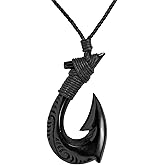 81stgeneration Hand Carved Horn HEI Matau Necklace Engraved - Fish Hook Pendant Necklace - Maori Style Tribal Men's Necklaces - Surfer Necklace - Carved Bone Pendant