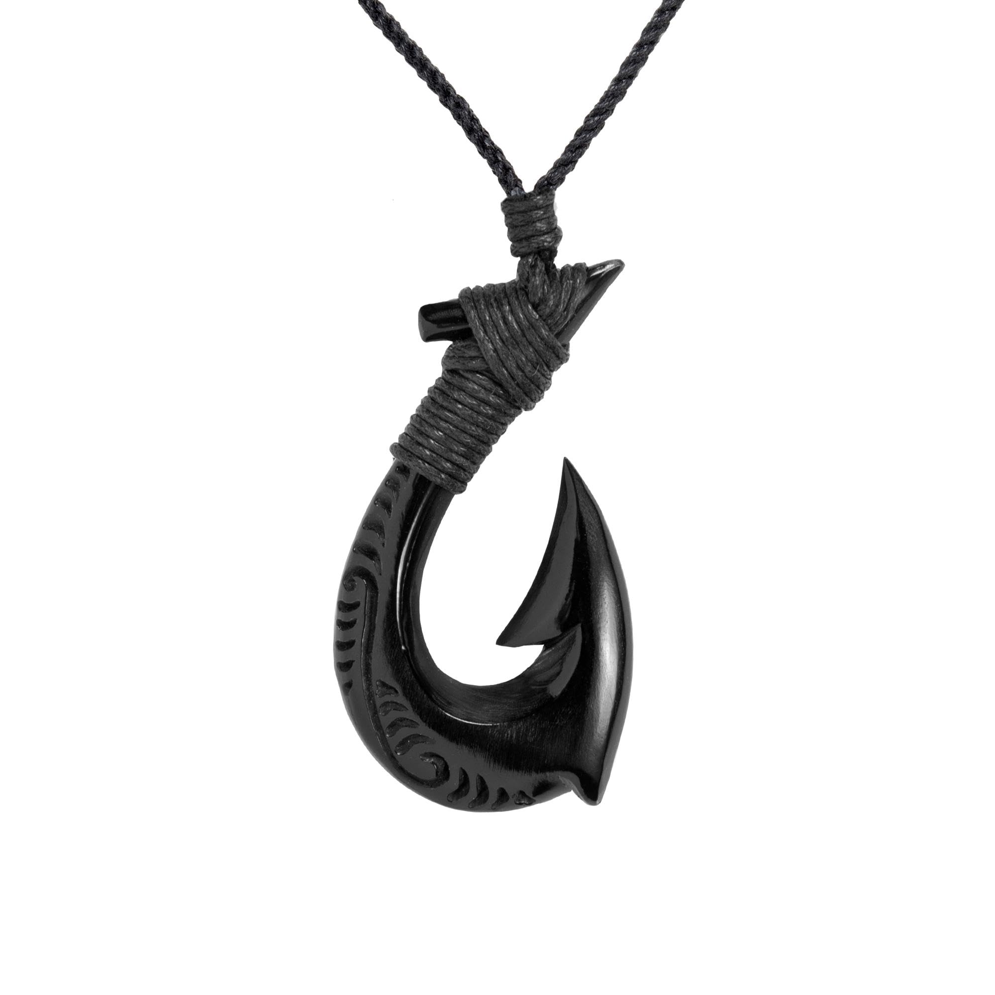 81stgeneration Hand Carved Horn HEI Matau Necklace Engraved - Fish Hook Pendant Necklace - Maori Style Tribal Men's Necklaces - Surfer Necklace - Carved Bone Pendant