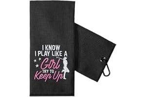 TOUNER I Know I Play Like A Girl Try to Keep Up Embroidered Golf Towels, Funny Pink Golf Towel Gifts for Sister Wife Golfer (Black)