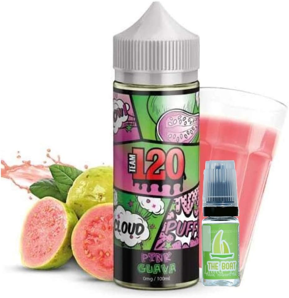 E Liquid E Juice Team 120 Pink Guava 100ml – 70 vg 30 pg - shortfill – No Nicotine + E Liquid The Boat 10ml Lemon and Lime – No Nicotine.