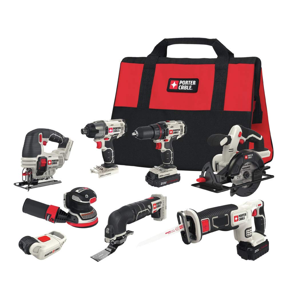 PORTER-CABLE Kit combinado de 8 herramientas de 20 V MAX, taladro inalámbrico y destornillador de impacto, sierra circular y alternativa, sierra de calar, lijadora orbital, herramienta oscilante, linterna (PCCK6118) PORTER-CABLE Kit combinado de 8 herramientas de 20 V MAX, taladro inalámbrico y destornillador de impacto, sierra circular y alternativa, sierra de calar, lijadora orbital, herramienta oscilante, linterna (PCCK6118)