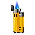 Cigar Lighters Torch with Punch 4 Jet Butane Refillbale Lighter Metal Torches Windproof (Yellow)