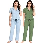 Women's Pajama Short Set 2-Pack - Lightweight Soft PJ Sets for Women with Button-Front Top, Elastic Waistband & Cute Prints