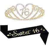 16th Birthday Gold Tiara and Black Sash Glitter Satin Sash and Crystal Rhinestone Tiara Crown for Happy 16th Birthday Party Supplies Favors Decorations 16th Birthday Party Accessories