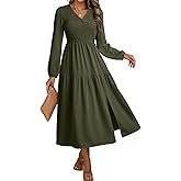Dokotoo Fall Dresses for Women 2025 Long Sleeve V Neck Smocked Empire Waist Ruffle Tiered Casual Split Maxi Dress