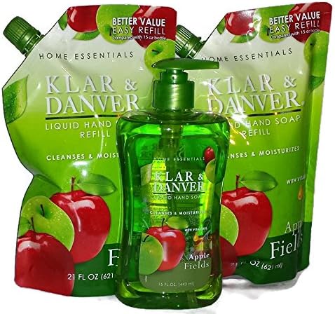 Klar and Danver Liquid Hand Soap. 1 Extra Large 15 Fl Oz Bottles Pump with 2 - 21 Fl Oz Refills (Apple Fields)
