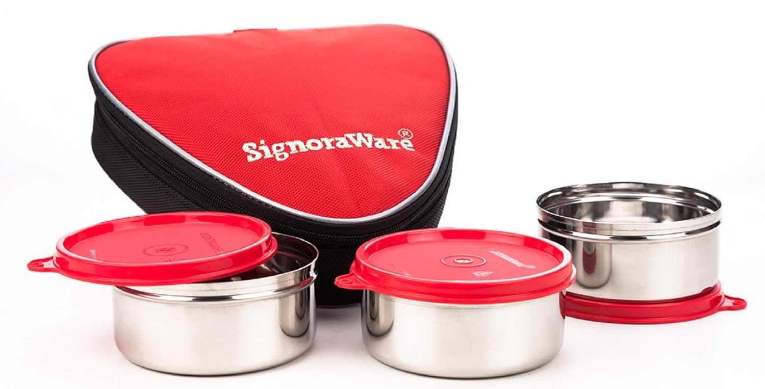 Buy Signoraware Stainless Steel Sleek Steel Lunch Box (Red) Set of 3