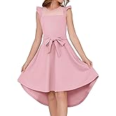 grewley Girls Dresses Summer Ruffle Sleeve Mesh A Line Casual Party Dresses Belted Dress with Pockets 5-14 Years