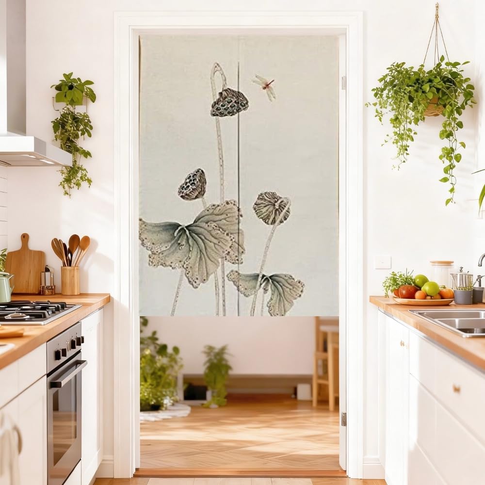 MYRU Chinese Lotus Door Curtain Toilet Partition Curtain Japanese Curtain Noren Feng Shui Curtain (Lotus & Dragonfly,33 by 55 Inch)