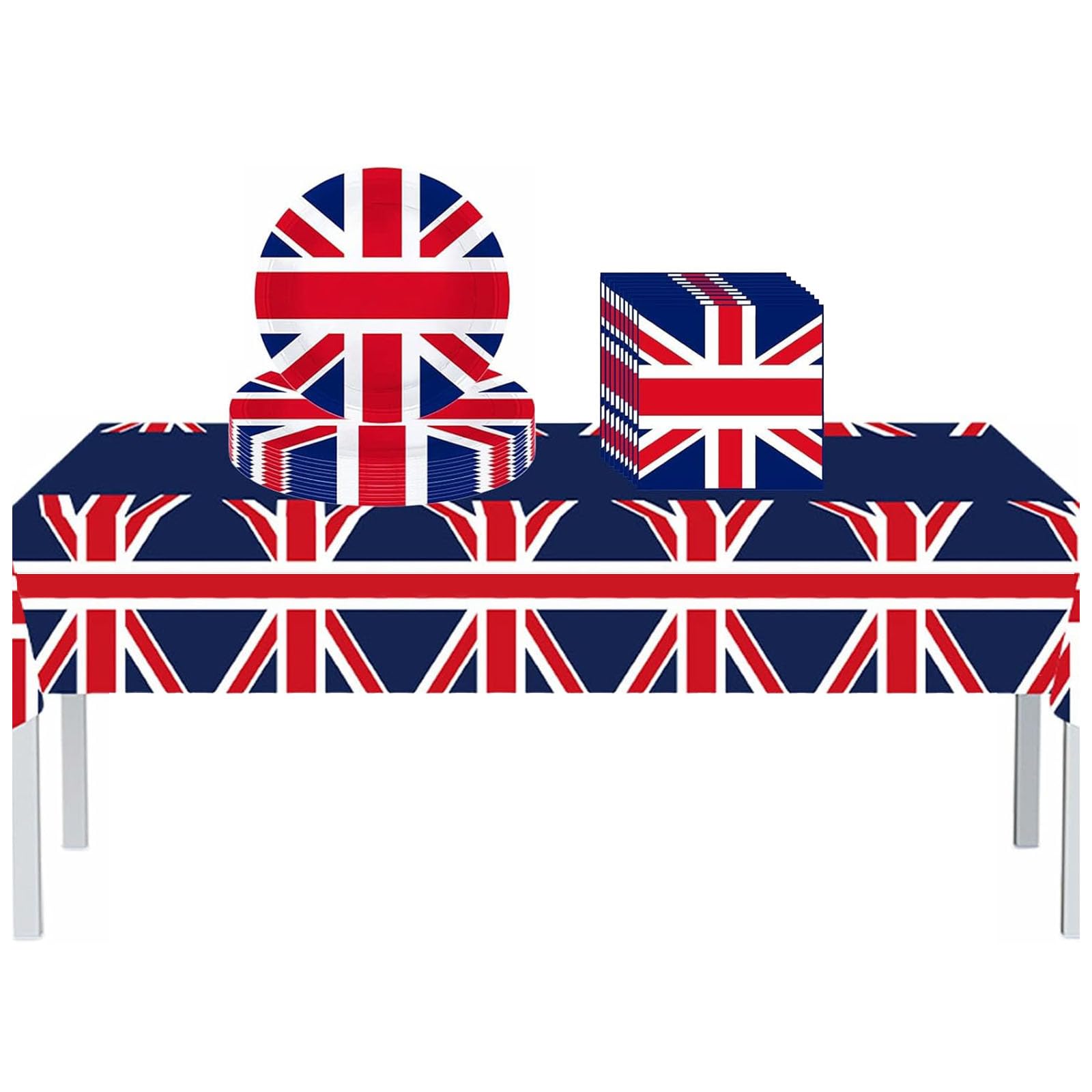 Union Jack Party Tableware Set,37Pcs VJ Day Flag Plastic Table Cloth,Paper Plates Napkins UK Flag Great Britain Dinnerware Set for VJ Day 80th Anniversary Decorations,Royal Union Jack Party Supplies