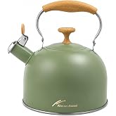 Tinlon Enamel Whistling Tea Kettle, 2.5 Qt Stovetop Teapot, Olive Green | 2.5 Qt whistling tea kettle with 304 stainless body, easy-pour spout, and clear boil alert for tea and coffee.