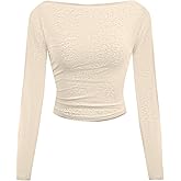 SOFIA'S CHOICE Boat Neck Long Sleeve Shirts for Women Crop Top Side Ruched Slim Fit T Shirt