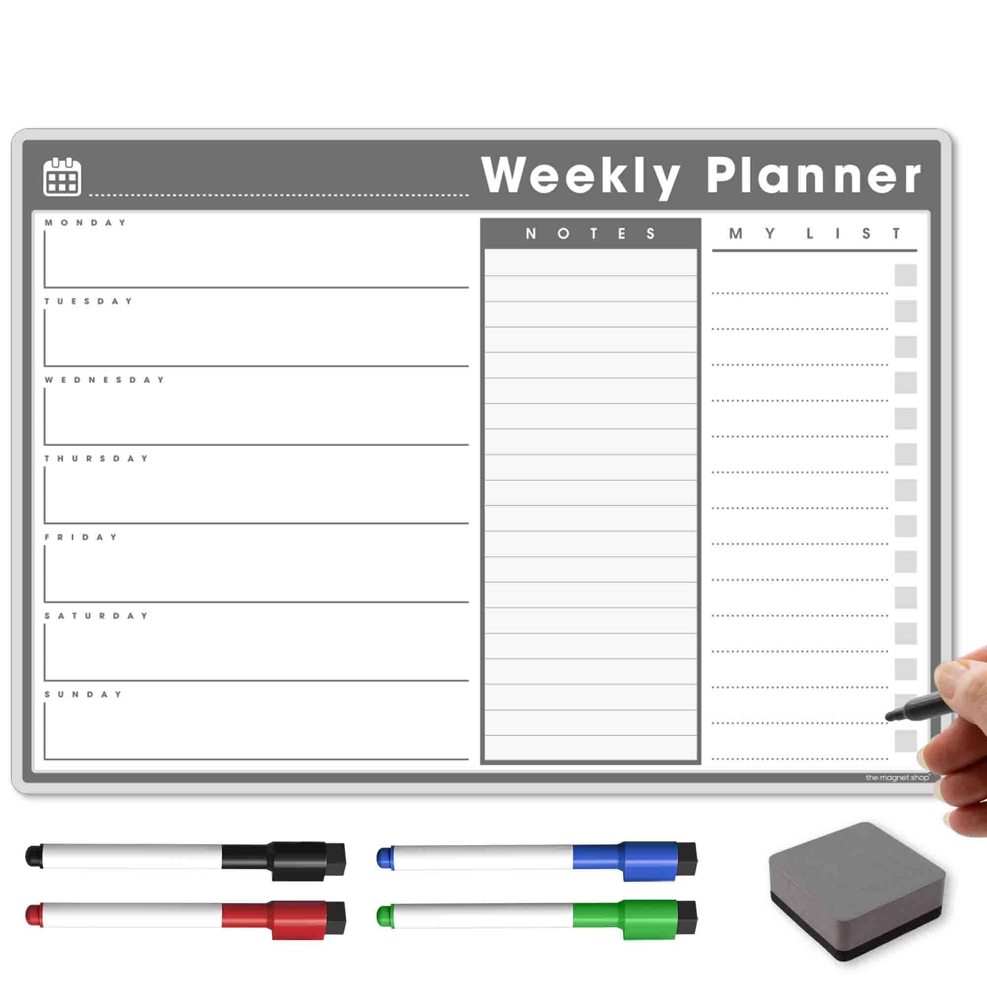 TMS A3 Weekly Planner Whiteboard | Magnetic Calendar for Fridge and Dry Wipe Pens | Meal or Family Planner for Kitchen (Charcoal, A3-WP)