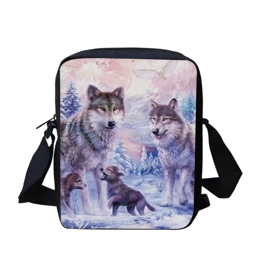 HUGS IDEA Forest Wolf Family Pattern Lightweight Zipper Messenger Bag for Kids Boys Girls, Mini Satchel Crossbody Bag with Adjustable Strap
