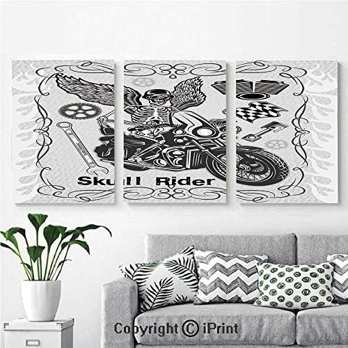 3PCS Triple Decoration Painting Wall Mural Evil Hipster Dead Skull Skeleton Motorbike Rider Wings Drive to Hell Humor Image Living Room Dining Room Studying Aisle Painting,16"x24",Grey Black