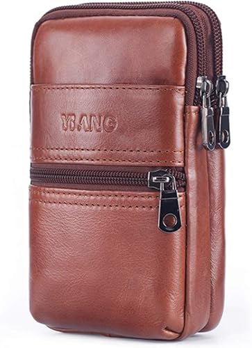 Amazon 男性用ウエストベルトポーチ 本革 レザー スマホバッグ 3室 シンプル バッグ小物 二つ折りサイフ タバコケース 携帯収納 軽量 コンパクト 4 7 5 5インチ以下対応 ブラウン ウエストバッグ