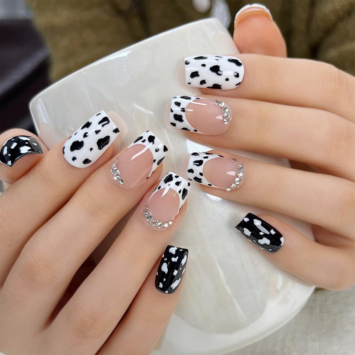 Photo 1 of 24 Pcs French Tip Press on Nails Short Square Shaped Fake Nails with Cow Print and Rhinestones Design White Glossy Leopard Acrylic Nails Full Cover Stick on Nails for Women Nails Manicure Decoration