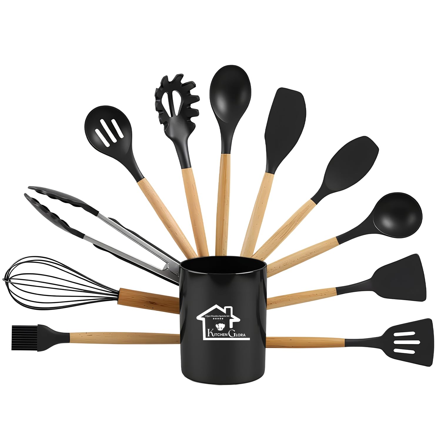 AEX 12 Pcs Silicone Kitchen Utensils Set with Holder Heat Resistant Cooking Utensils for Non Stick Pans, Wooden Handle Spatula & Spoon Set Kitchen Tools Set (Jet Black)