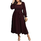 SHESTARR Women's Plus Size Dress Long Sleeve Smocked Square Neck Ruffle Pleated Flowy Wedding Guest Maxi Fall Dress