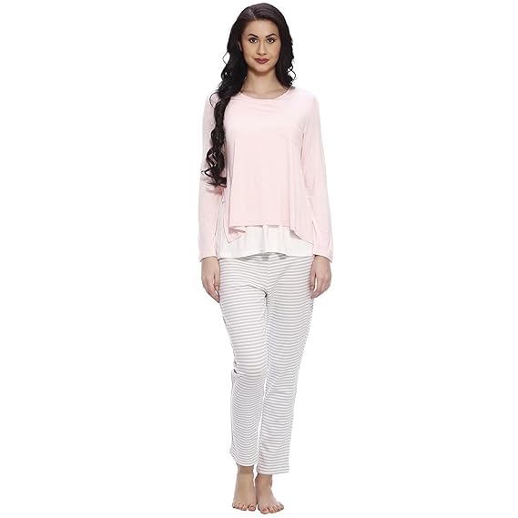 Pearl White & Pink Cotton Maternity Top & Pyjama