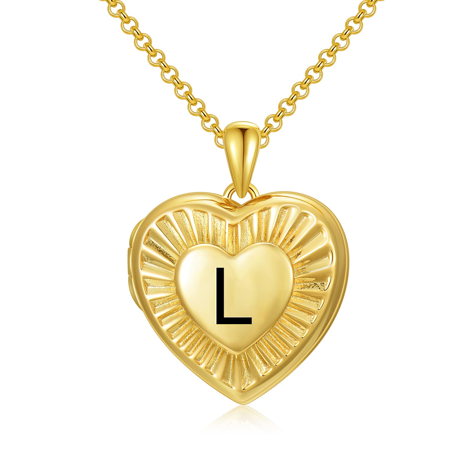 SOULMEET 18ct Gold Plated Silver Radiation Initial Heart Locket Necklace That Holds Pictures Photo Locket Necklace Alphabet L (Locket only)