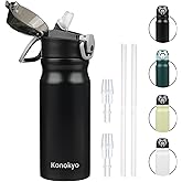 Konokyo Insulated Water Bottle with Straw and Carry Loop,18 oz Stainless Steel Double Wall Vaccum Metal Water Flask with Leak-proof Lid,Black