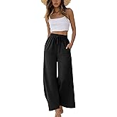 Yeokou Women Linen Cotton Wide Leg Pants Drawstring Elastic High Waist Casual Palazzo Trousers with Deep Pockets