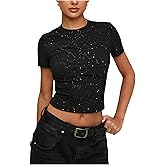 Floerns Women's Sparkly Sequin T Shirts Y2k Short Sleeve Crew Neck Going Out Tops