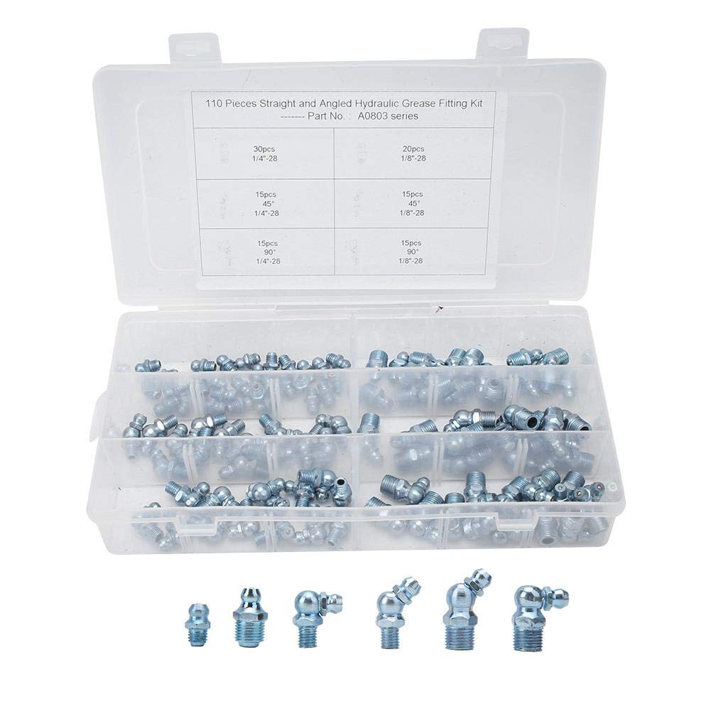 Hlyjoon 110 Pcs 45° 1/8in-28 Grease Nipple Tip Nozzle Fitting for Engineering Machinery Electroplating 360 Degree Swivel Grease Gun Coupler Grease Nipple Coupler Blue