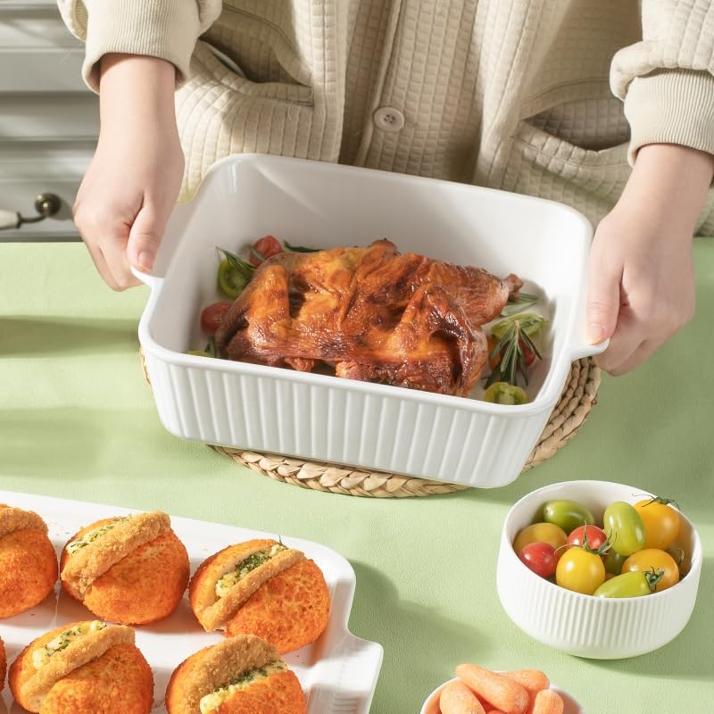 Dizada Casserole Dish for Oven with Lid, 10'' Square Baking Dish, 2-in-1 Ceramic Baking Dish, Baking Pan with Handles, Lasagna Pan Bakeware Oven Safe Baking Dish for Oven, Cake, Kitchen, Microwave, Dishwasher Safe, White