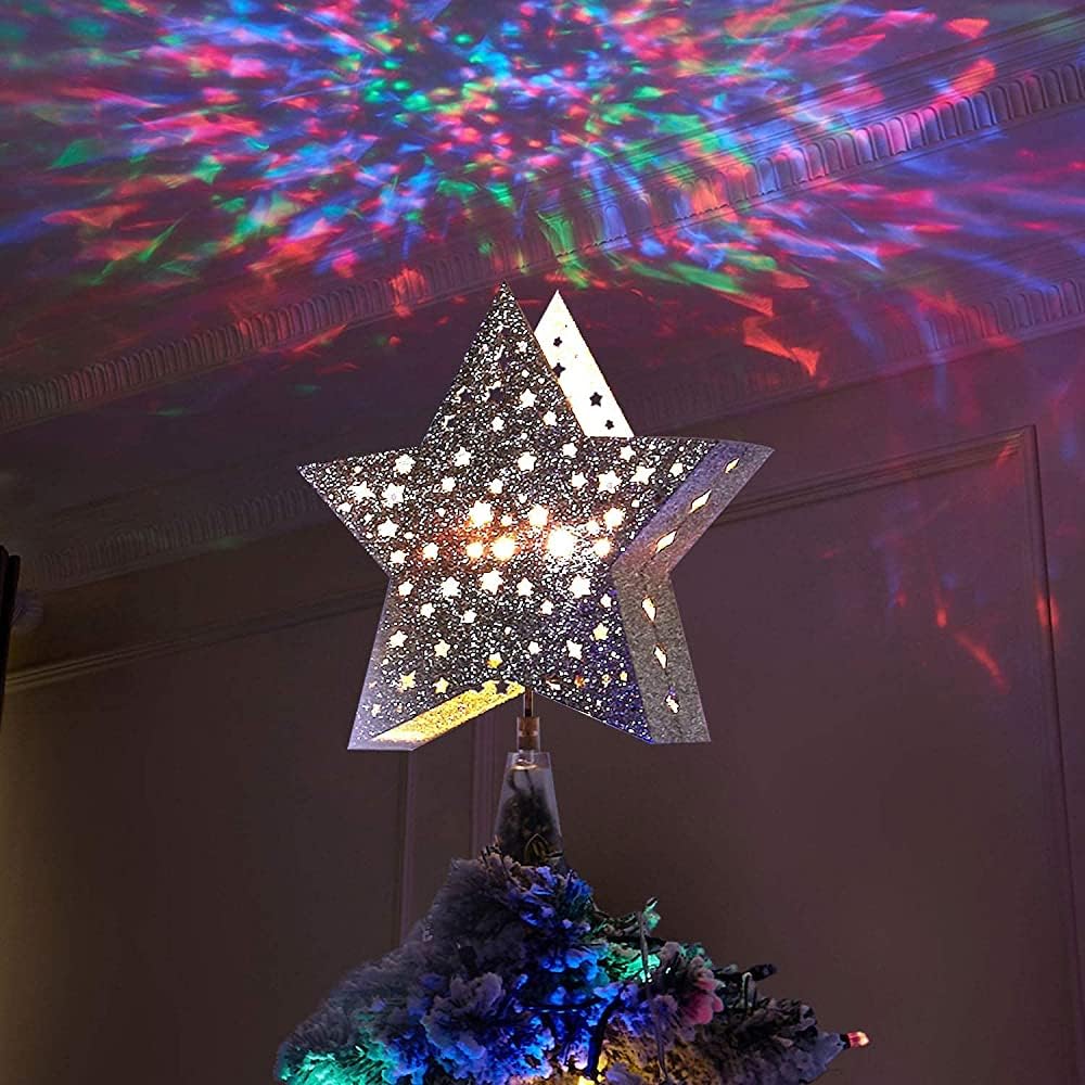 Vanthylit Golden Star Christmas Tree Topper Projector Tree Top Star with Water Ripple Effect LED Projector Christmas Tree Decoration（RGB）