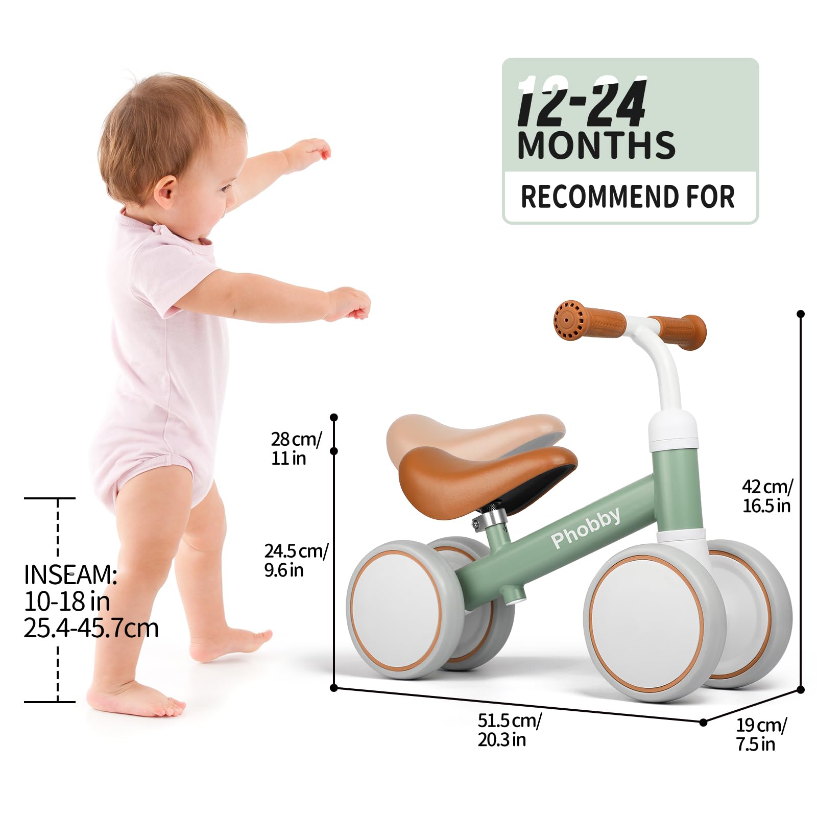 Phobby Baby Balance Bike for 1 2 Years Old Boys Girls, 4 Wheels Toddler Bike with Adjustable Seat, 12-24 Months Kids First Birthday Toy Gift