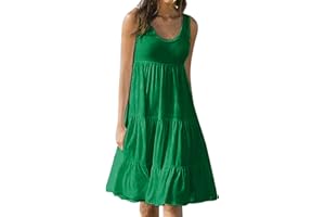 Hinvhai Summer Dresses for Women 2024 Casual Sleeveless Solid Color Beach Loose Dress Fashion Cool Round Neck Pleated Dress