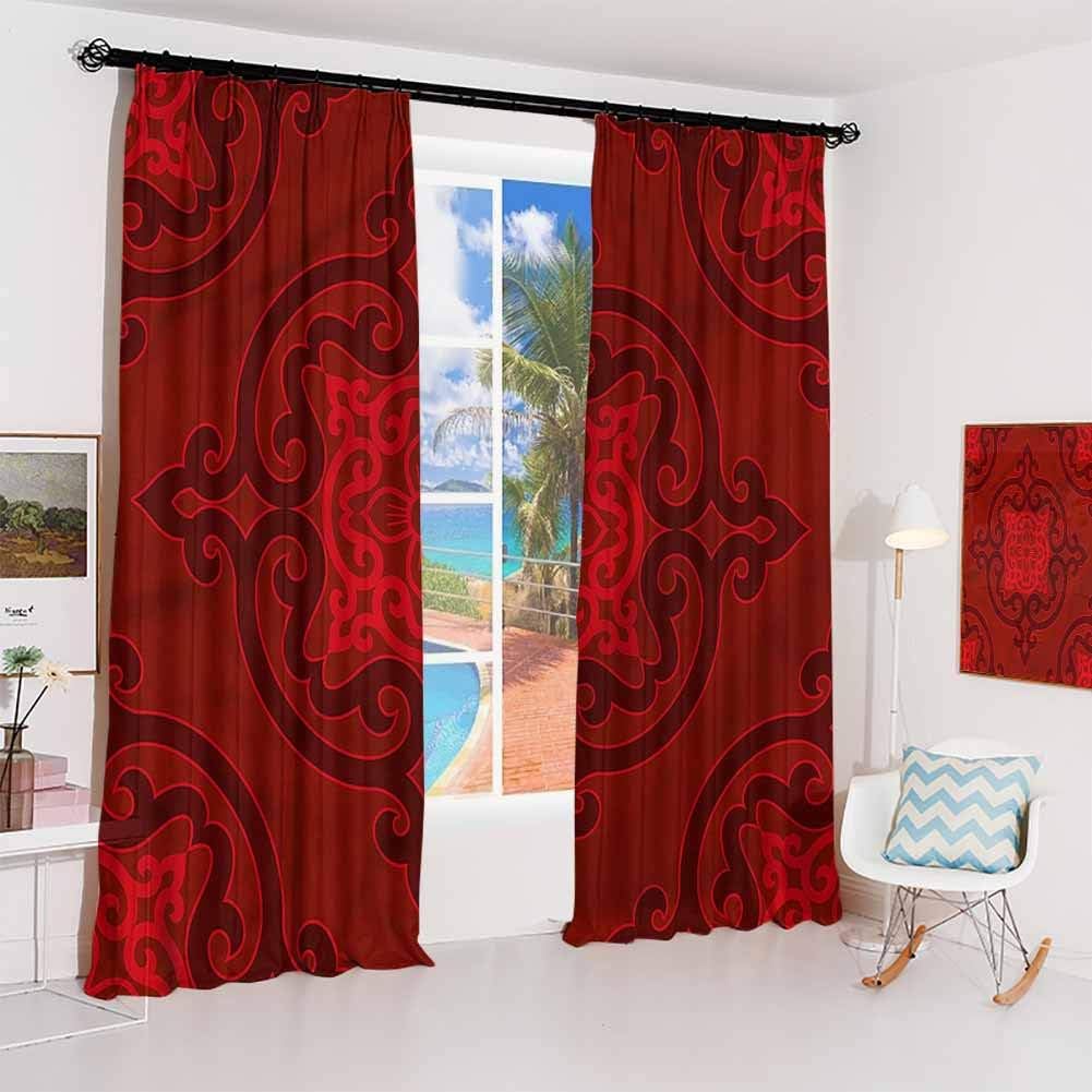 GUUVOR Maroon Pleated Curtains with Blackout and Lining Chinese Authentic Damask Used for Living Room Bedroom with Sliding Door Patio Door W52 x L72 Inch