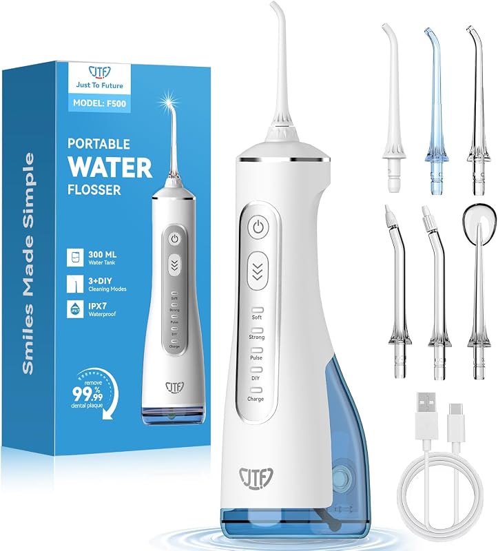 Jet Dentaire Hydropulseur Oral - 300 ML Sans Fil Irrigateur, 3+1 Modes, Étanche IPX7 Water Flosser, Idéal pour Orthodontie, Appareil Dentaire, Gencives Sensibles Maison et Les Voyages(Blanc)