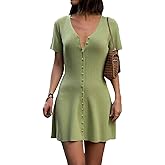 LOFAAC Women Sexy V Neck Button Down Knitted Short Dress Slim Fit Cap Sleeve Flowy Swing Going Out Mini Dress Summer