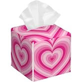 POIUBLE Tissue Box Holder Pink Heart Tissue Box Cover Square Leather Tissue Holder Organizer Portable Decorative Facial Paper Case for Home Office Bathroom Vanity Countertop