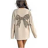 RoseSeek Girl's Bow Leopard Letter Graphic Tees Preppy Fall Long Sleeve T Shirt Aesthetic Cute Baggy Tops