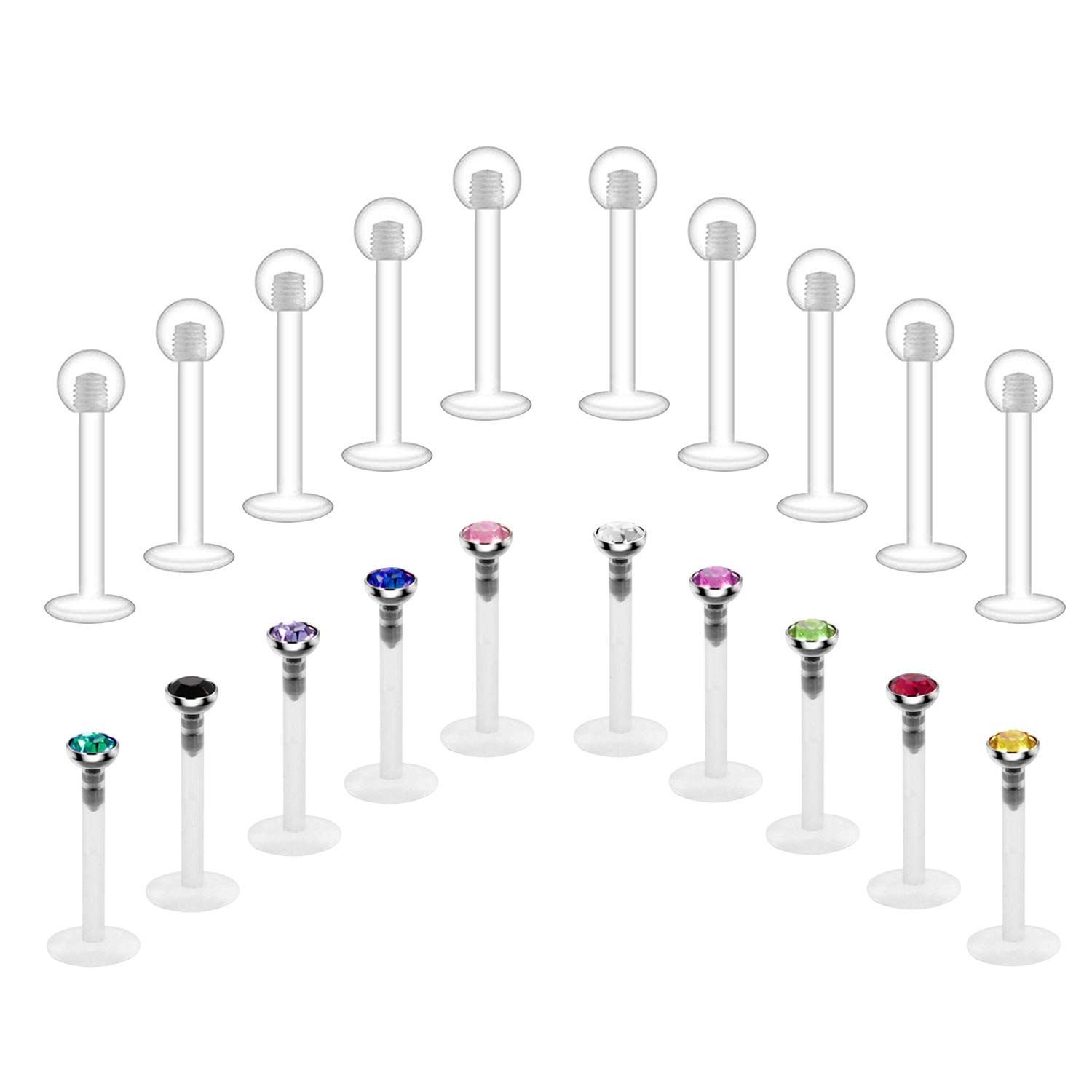 Crdifu 20pcs Bioflex Lip Stud Labret Bars Retainers Flexible Plastic 16G 6/8/10/12mm Bars with Crystal Piercing Jewellery
