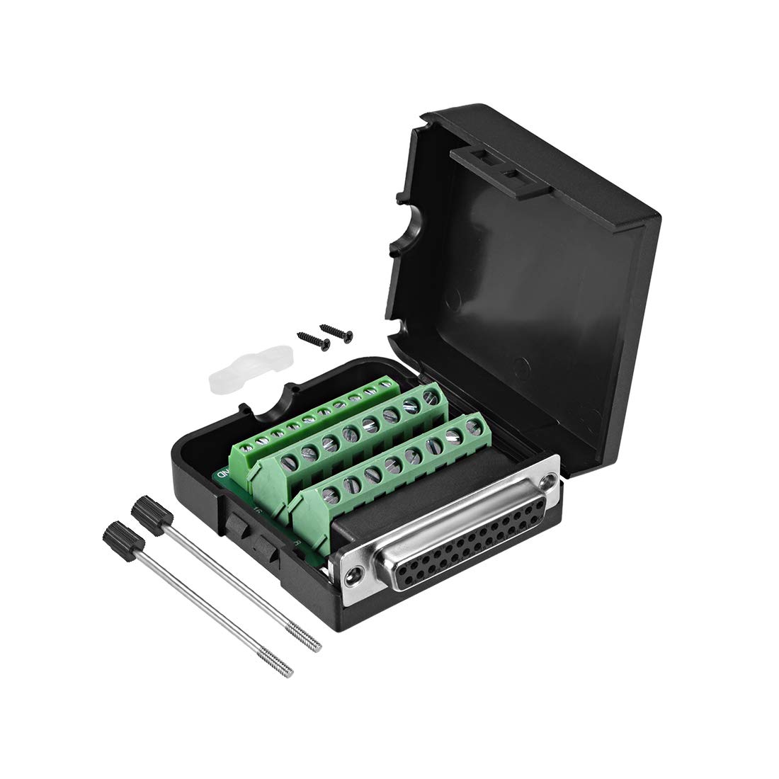 sourcing map D-sub DB25 Breakout Board Connector with Case 25 Pin 2-row Female Port Solderless Terminal Block Adapter with Thumb Screws