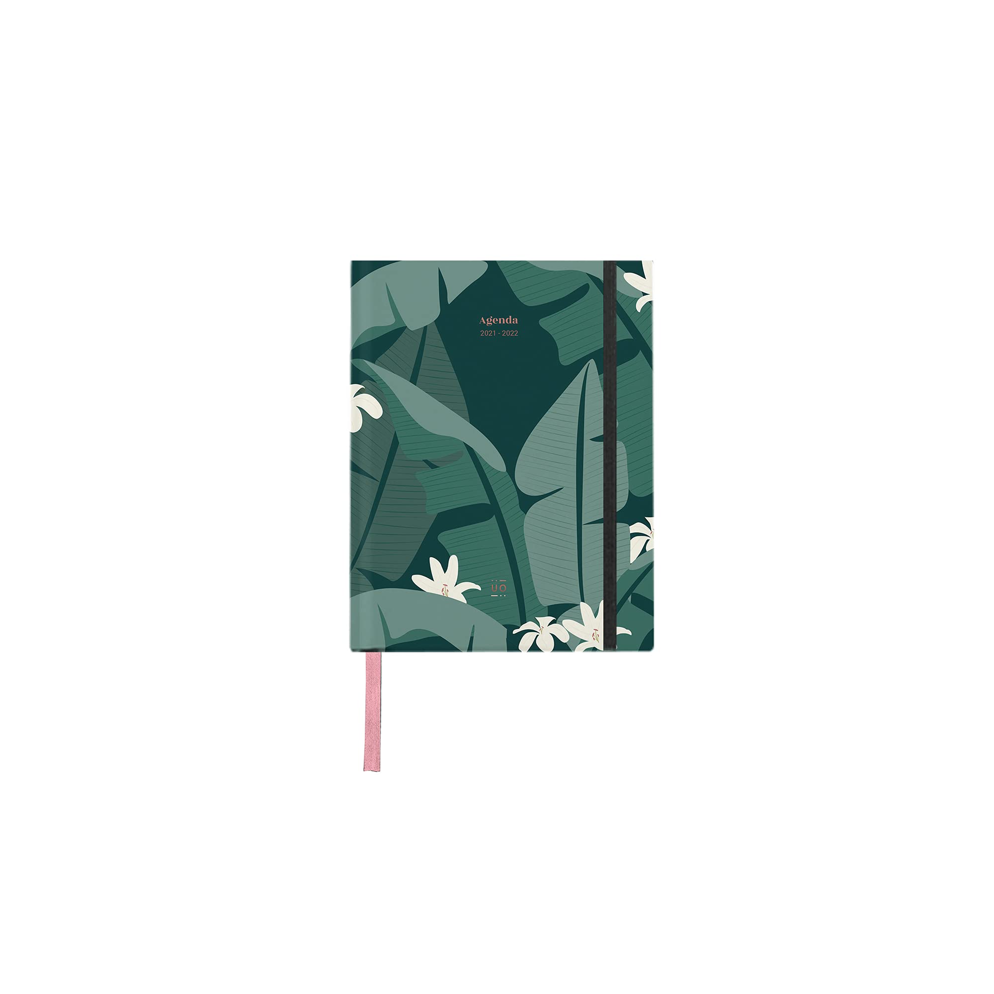 UO 8435449351758 Agenda 2021 2022 Week View Small Size 13 x 16 cm. Tropical. Paper 100 g, Elastic Rubber, Satin Ribbon Register, Weekly Schedules, 12 Illustrated Months, Green