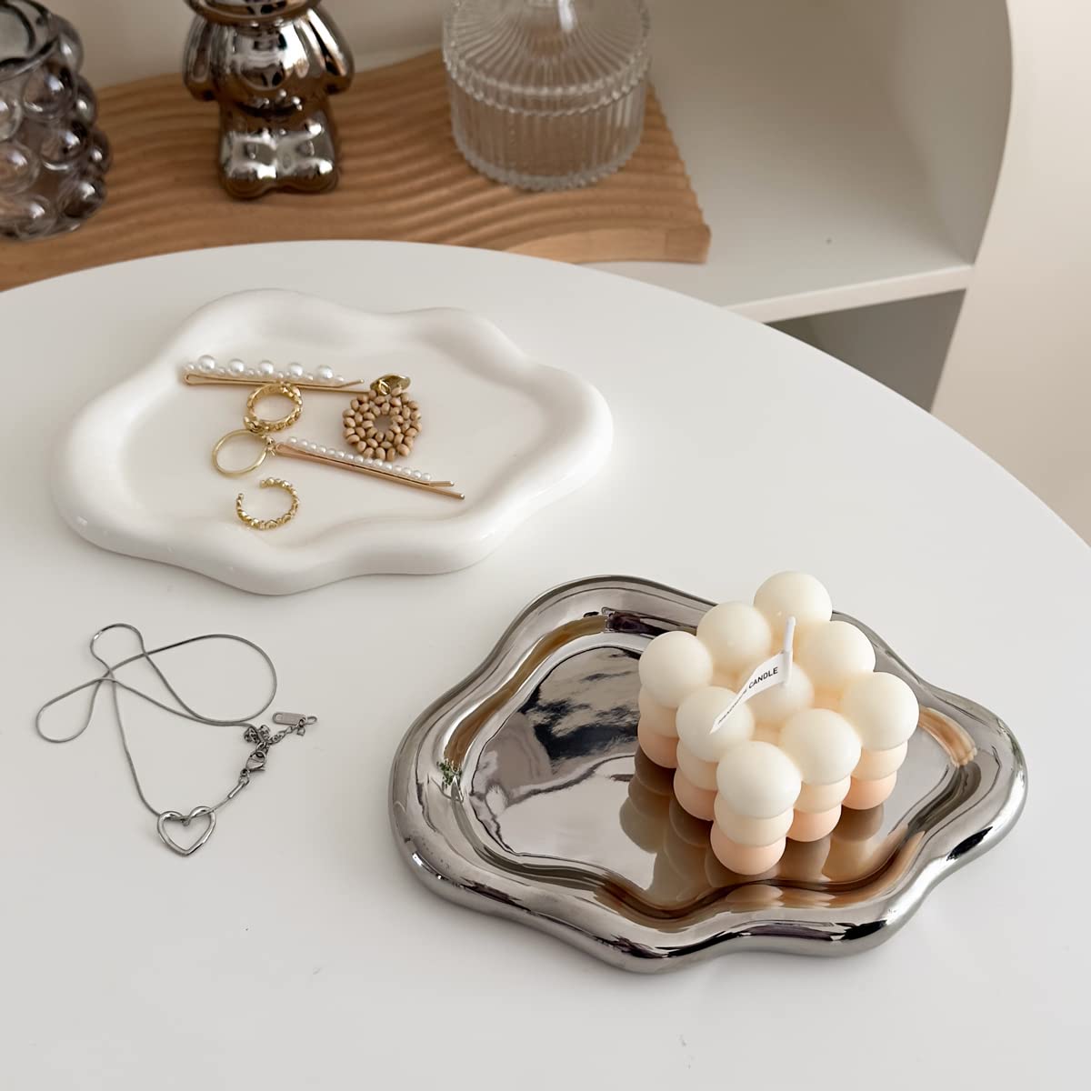 Jewelry Dish Trinket Tray for Women, Ring Dish Holder, Unique Cloud Shape Ceramic Plate Cute Things Vanity Aesthetic Room Decor Mother's Day Birthday (White)