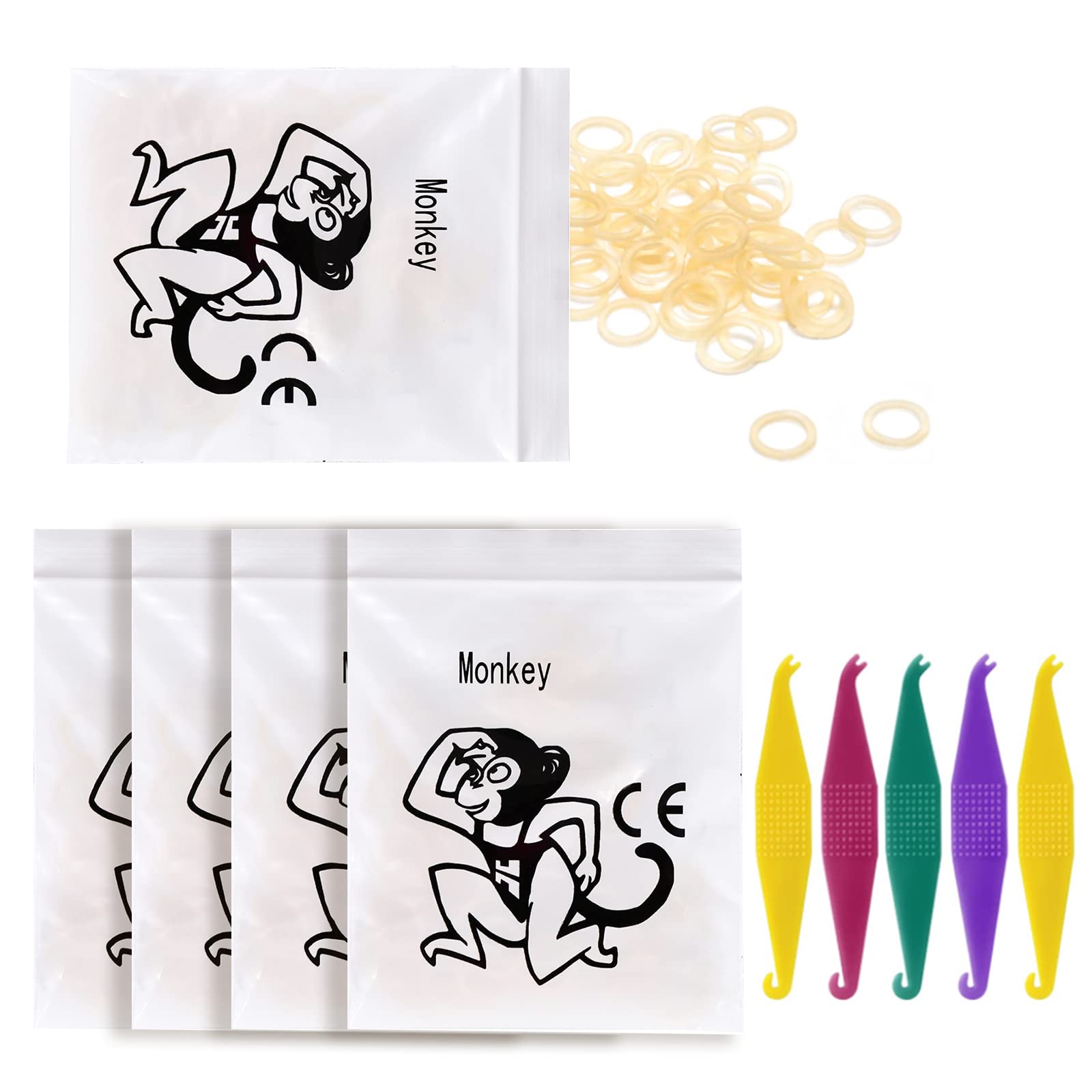 Orthodontic Elastic Rubber Bands and Placers, 500 Pcs Dental Rubber Traction Bands, 5 Pcs Elastic Placer for Braces (3/8",Monkey)