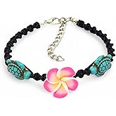 Nove Jewelry Leather Turquoise Turtle Hemp Style Bracelet or Anklet - Pink Frangipani Flowers Hawaiian Bracelet - Adjustable