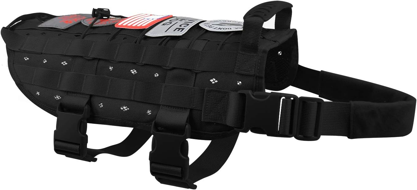 Dog Tactical Service Training Harness Adjustable Military Patrol K9 Dog Vest Comfortable Molle No Pulling Front Clip Leash Attachment with Extender(Medium ,Large Black Khaki)