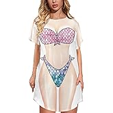 Kasopp Women's Funny Bikini Beach Cover Up Shirt Short Sleeve Baggy Mermaid Body Print Party Swimsuit Cover-Up Dress