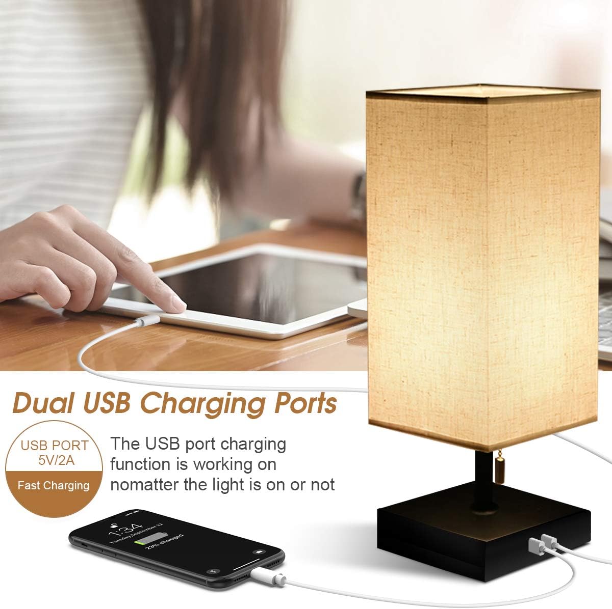HOKEKI Bedside Table Lamp, with 2 Useful USB Ports, Black Charger Base with Beige Fabric Shade, Modern Desk Lamp for Bedroom, Living Room, Kid's Room, Dorm, Office(1PCS) - - 