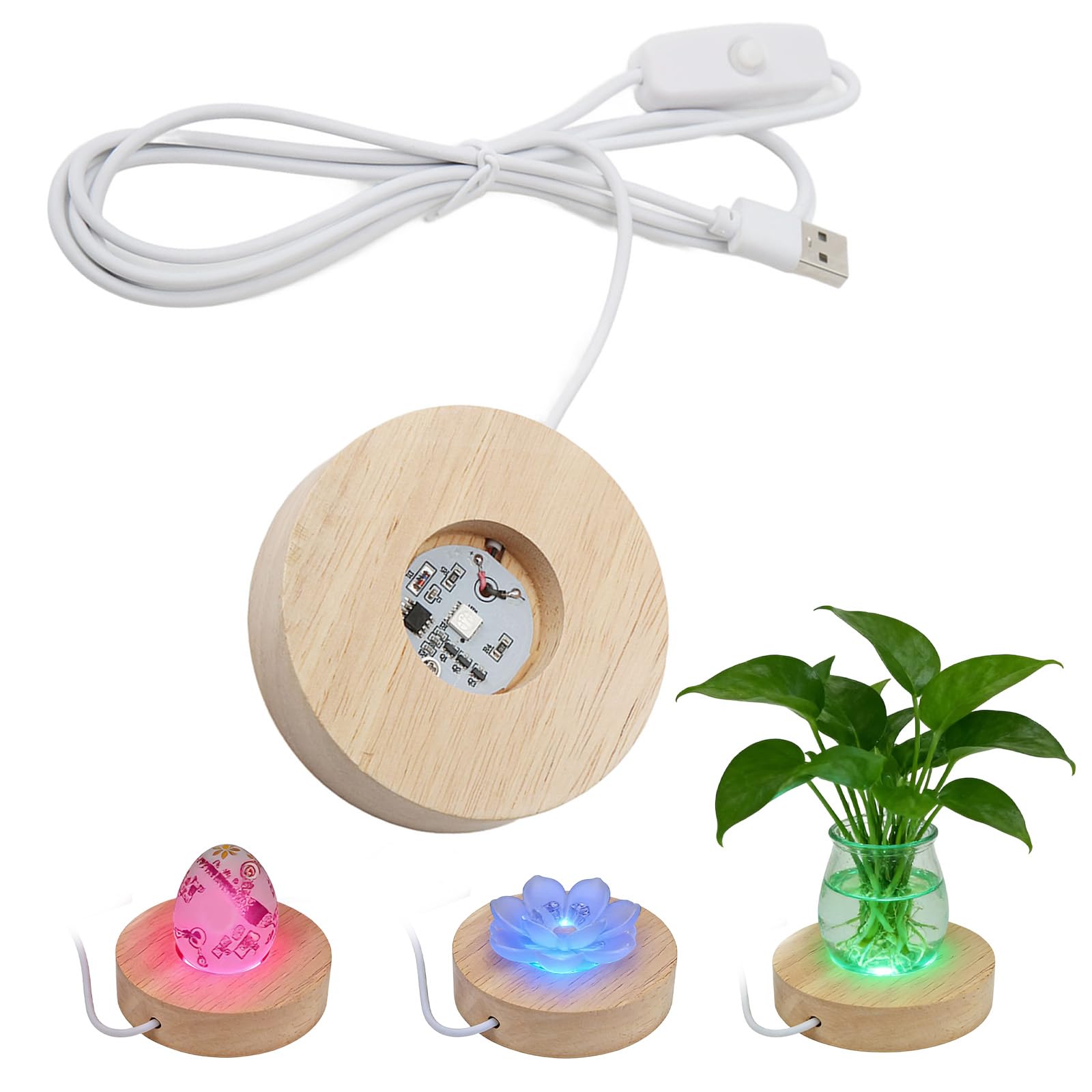 Hapivida LED Light Stand, Elegant Oak Wooden LED Display Base for Crystals and Glass Art, 8cm Diameter, Round USB Light Base for Desktop Display and Decoration