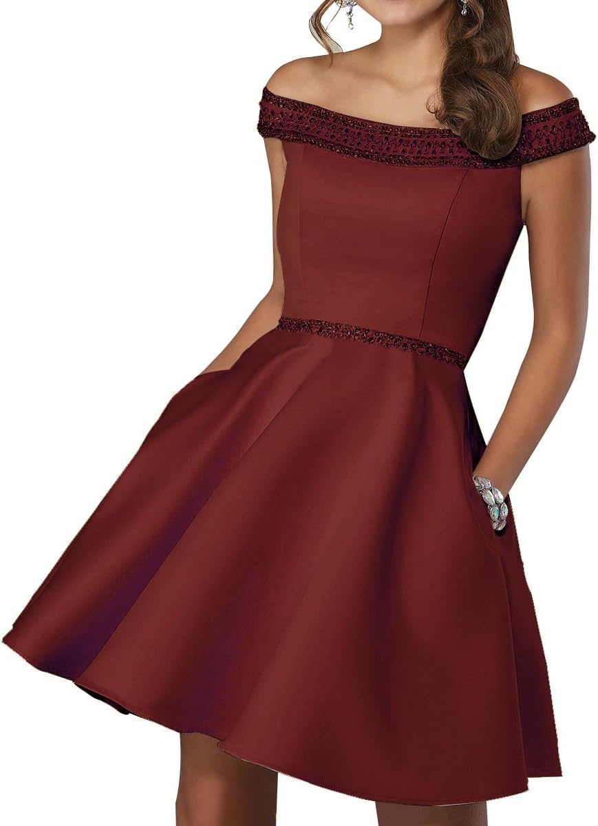 Off Shoulder Short Prom Gown 2019 Beaded Satin A-line Cocktail Homecoming Dress with Pockets Burgundy 8
