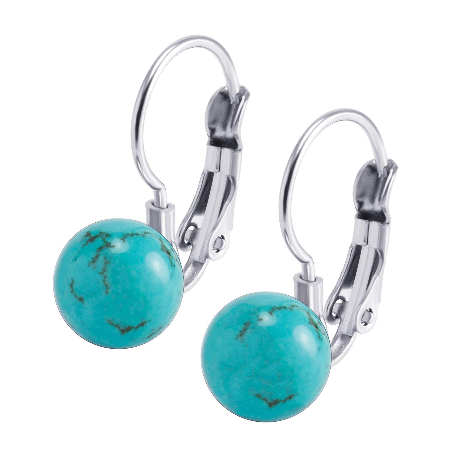 555Jewelry Womens Stainless Steel Bead Ball Round Shape Dangle Drop High Polish Minimal Minimalist Classic Fashion Jewelries Accessories Leverback Hoop Earrings Pair, Silver & Turquoise
